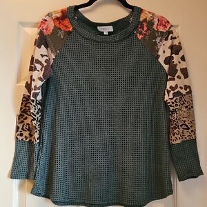 Patchwork Waffle Knit Pullover Sweatshirt - Olive Green